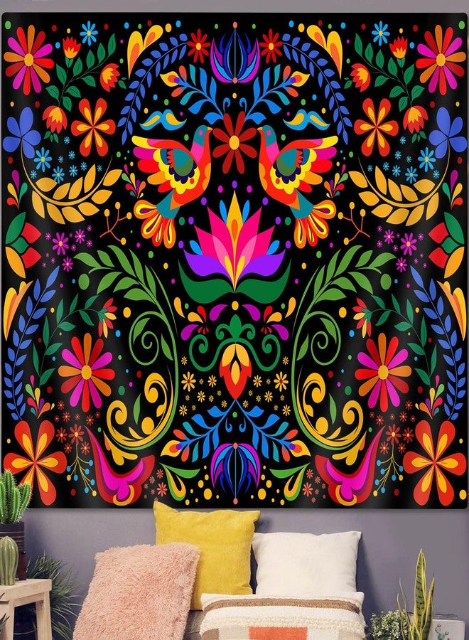GOAOK Mexico Floral Tapestry, Colorful Mexico Flowers Bird Traditional Aesthetic Hippie Tapestries, Mexican Ornate Ethnic Pastel Plant Tapestry Wall Hanging for Bedroom Living Room 60"x40" - Image 3